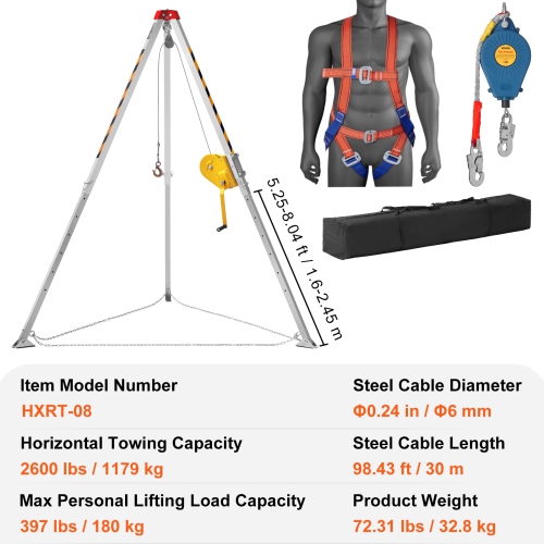 VEVOR Confined Space Tripod Kit, 2600 lbs Winch, Confined Space Tripod 8' Legs and 98' Cable, Confined Space Rescue Tripod 32.8' Fall Protection,