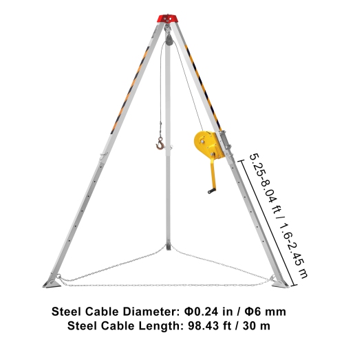 VEVOR Confined Space Tripod Kit, 2600 lbs Winch, Confined Space Tripod 8' Legs and 98' Cable, Confined Space Rescue Tripod 32.8' Fall Protection,