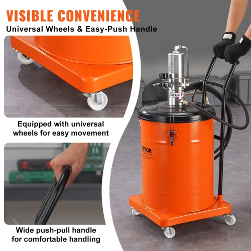 VEVOR 10.5 Gallon 40L Grease Pump, Air Operated Grease Pump with 13 ft High Pressure Hose and Grease Gun, Pneumatic Grease Bucket Pump with Wheels,