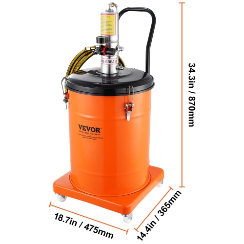 VEVOR 10.5 Gallon 40L Grease Pump, Air Operated Grease Pump with 13 ft High Pressure Hose and Grease Gun, Pneumatic Grease Bucket Pump with Wheels,