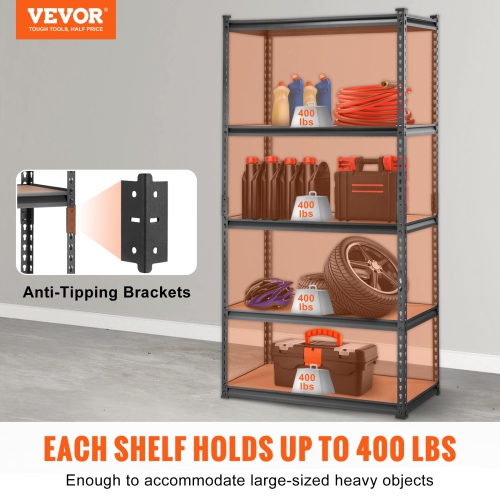 VEVOR 5-Tier Storage Shelving Unit, Adjustable, 2000 lbs Capacity, Heavy Duty Garage Shelves Metal Organizer Utility Rack, Black, 36" L x 18" W x 72"