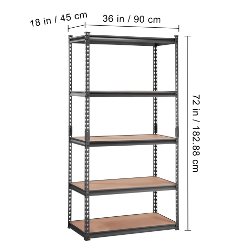 VEVOR 5-Tier Storage Shelving Unit, Adjustable, 2000 lbs Capacity, Heavy Duty Garage Shelves Metal Organizer Utility Rack, Black, 36" L x 18" W x 72"
