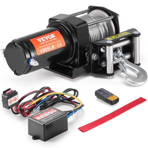 VEVOR Electric Winch, 4000 lb Line Pull Capacity, 12V DC ATV/UTV Winch with Φ3/16 in x 39 ft 7 Strands Steel Cable Roller Fairlead Wireless & Wired