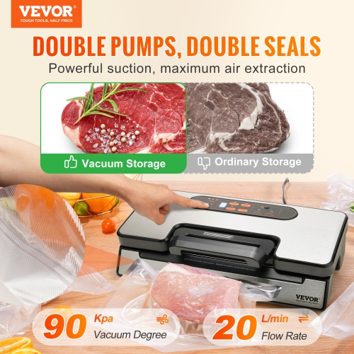 VEVOR 90Kpa 130W Vacuum Sealer Machine, Powerful Dual Pump and Dual Sealing, Dry and Moist Food Storage, Automatic and Manual Air Sealing System with