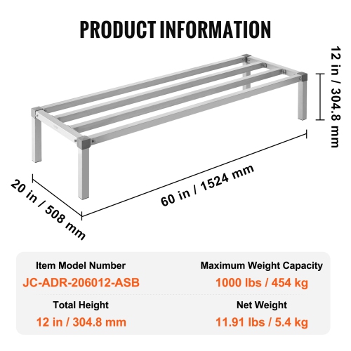 VEVOR 60” x 20” Aluminum Dunnage Rack, Commercial Food Floor Rack, 12” Off the Floor, 1000 lbs Capacity All-Welded Aluminum Storage Rack, for Storage