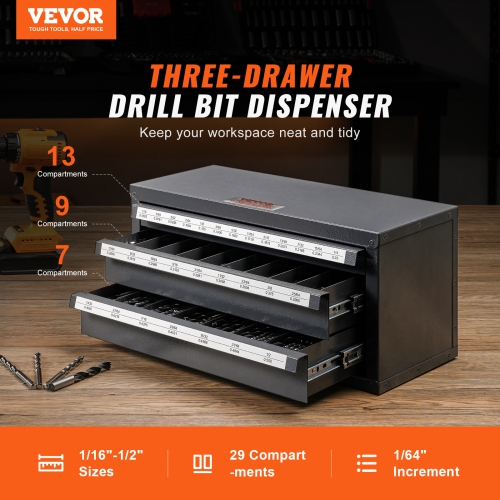 VEVOR Drill Bit Dispenser Cabinet, Three-Drawer Drill Bit Organizer Cabinet for 1/16" to 1/2", Steel Drill Dispenser Organizer Cabinet with Labels,