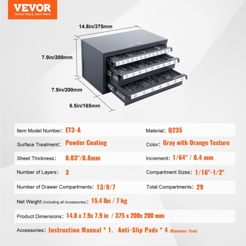 VEVOR Drill Bit Dispenser Cabinet, Three-Drawer Drill Bit Organizer Cabinet for 1/16" to 1/2", Steel Drill Dispenser Organizer Cabinet with Labels,