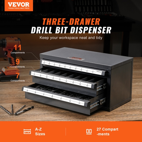 VEVOR Drill Bit Dispenser Cabinet, Three-Drawer Drill Bit Organizer Cabinet for A to Z, Steel Drill Dispenser Organizer Cabinet with Labels,