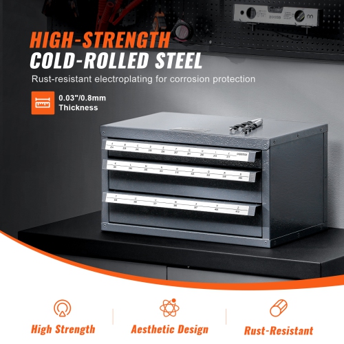 VEVOR Drill Bit Dispenser Cabinet, Three-Drawer Drill Bit Organizer Cabinet for A to Z, Steel Drill Dispenser Organizer Cabinet with Labels,
