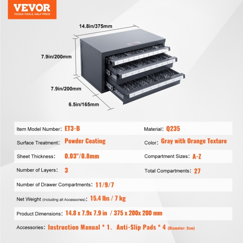 VEVOR Drill Bit Dispenser Cabinet, Three-Drawer Drill Bit Organizer Cabinet for A to Z, Steel Drill Dispenser Organizer Cabinet with Labels,