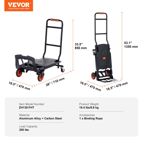 VEVOR Aluminum Hand Truck, 2 in 1, 300 lbs Load Capacity, Heavy Duty Folding Hand Truck and Dolly, Utility Cart Converts from Hand Truck to Platform