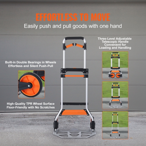 VEVOR Folding Hand Truck, 309 lbs Load Capacity, Aluminum Portable Cart, Convertible Hand Truck and Dolly with Telescoping Handle and PP+TPR Wheels,