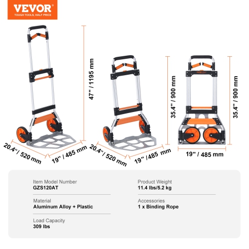 VEVOR Folding Hand Truck, 309 lbs Load Capacity, Aluminum Portable Cart, Convertible Hand Truck and Dolly with Telescoping Handle and PP+TPR Wheels,