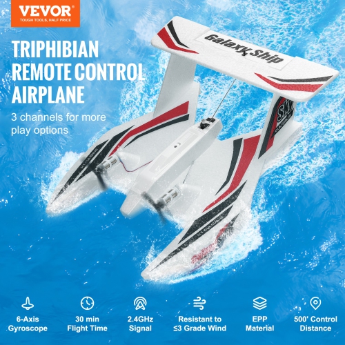 VEVOR 2.4GHZ RC Plane, 3 Channel Remote Control Airplane with 6-Axis Gyro Stabilizer, Ready to Fly Amphibious Aircraft Plane Toy with 2 Batteries,