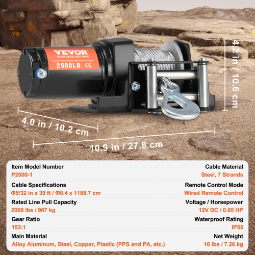Treuil électrique VEVOR, capacité de traction de la ligne 2000&nbsp;lb, treuil c.c. 12&nbsp;V pour VTT/VUTT avec Φcâble en acier 5/32 in x 39&nbsp;pi