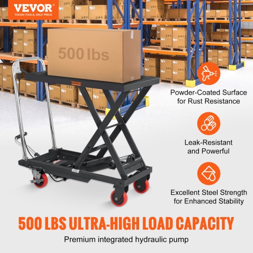VEVOR Hydraulic Lift Table Cart, 500lbs Capacity 28.5" Lifting Height, Manual Single Scissor Lift Table with 4 Wheels and Non-slip Pad, Hydraulic
