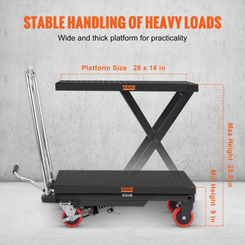VEVOR Hydraulic Lift Table Cart, 500lbs Capacity 28.5" Lifting Height, Manual Single Scissor Lift Table with 4 Wheels and Non-slip Pad, Hydraulic
