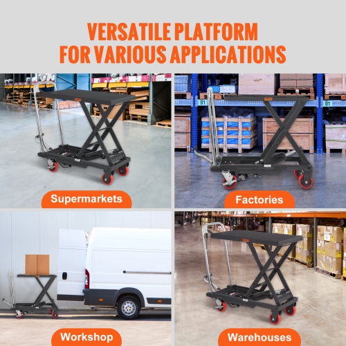 VEVOR Hydraulic Lift Table Cart, 500lbs Capacity 28.5" Lifting Height, Manual Single Scissor Lift Table with 4 Wheels and Non-slip Pad, Hydraulic