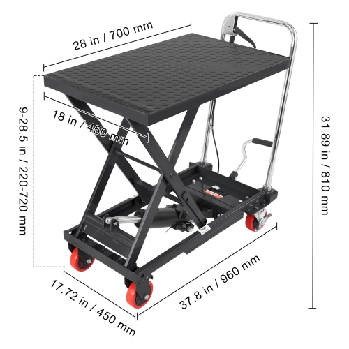 VEVOR Hydraulic Lift Table Cart, 500lbs Capacity 28.5" Lifting Height, Manual Single Scissor Lift Table with 4 Wheels and Non-slip Pad, Hydraulic