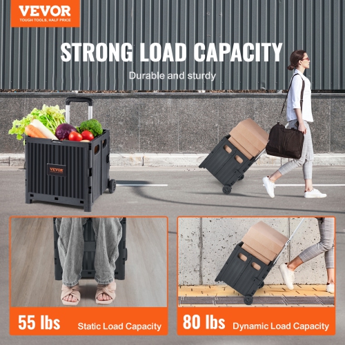 VEVOR Foldable Utility Cart, 80 lbs Load Capacity, Folding Portable Rolling Crate Handcart with Durable Heavy Duty Telescoping Handle and 2 Wheels