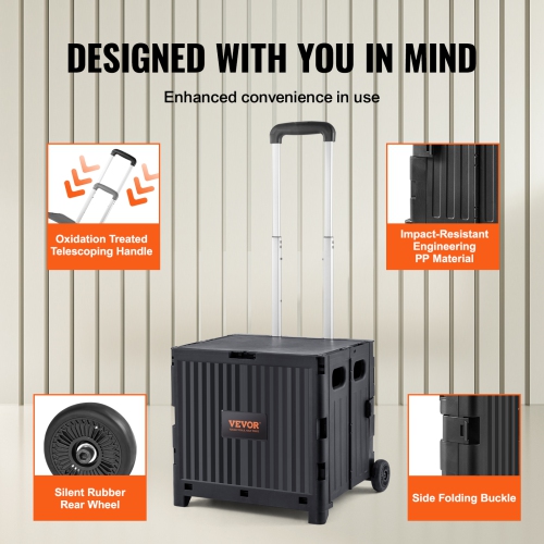 VEVOR Foldable Utility Cart, 80 lbs Load Capacity, Folding Portable Rolling Crate Handcart with Durable Heavy Duty Telescoping Handle and 2 Wheels