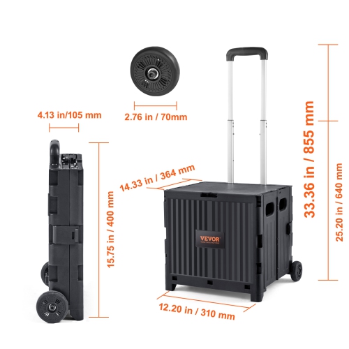 VEVOR Foldable Utility Cart, 80 lbs Load Capacity, Folding Portable Rolling Crate Handcart with Durable Heavy Duty Telescoping Handle and 2 Wheels
