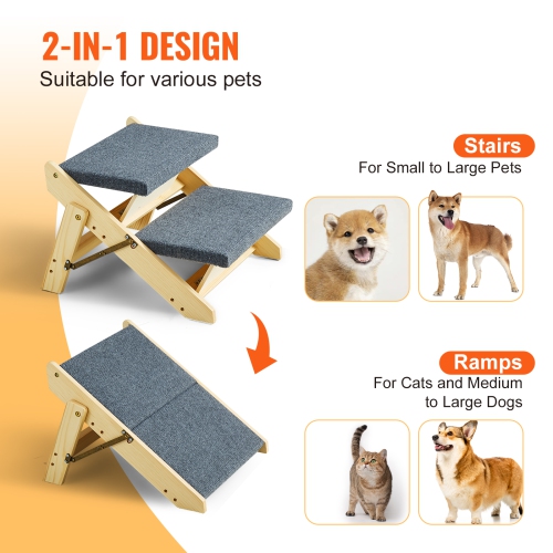 VEVOR 2-in-1 Wooden Pet Steps, Convertible Dog Stairs and Ramp for Beds, Sofas, and Vehicles, Supports Small to Large Animals up to 110 lbs, Foldable