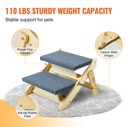 VEVOR 2-in-1 Wooden Pet Steps, Convertible Dog Stairs and Ramp for Beds, Sofas, and Vehicles, Supports Small to Large Animals up to 110 lbs, Foldable