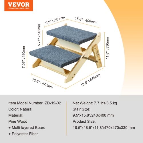 VEVOR 2-in-1 Wooden Pet Steps, Convertible Dog Stairs and Ramp for Beds, Sofas, and Vehicles, Supports Small to Large Animals up to 110 lbs, Foldable