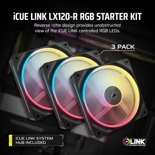 CORSAIR iCUE Link LX120-R RGB 120mm PWM Reverse Fans – Triple Fan Kit, Low-Noise, Dual Light Loops, Magnetic Dome Bearing, Zero RPM Mode – Black