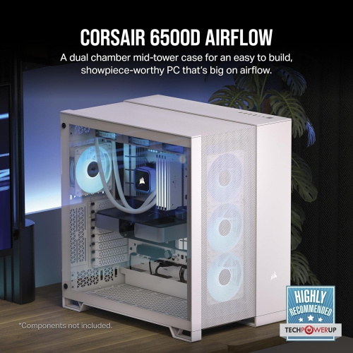CORSAIR 6500D Airflow Mid-Tower ATX Dual Chamber PC Case – Mesh Panels – Reverse Connection Motherboard Compatible – No Fans Included – White