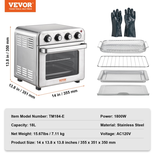 VEVOR 7-IN-1 Air Fryer Toaster Oven, 18L Convection Oven, 1700W Stainless Steel Toaster Ovens Countertop Combo with Grill, Pizza Pan, Gloves, 6