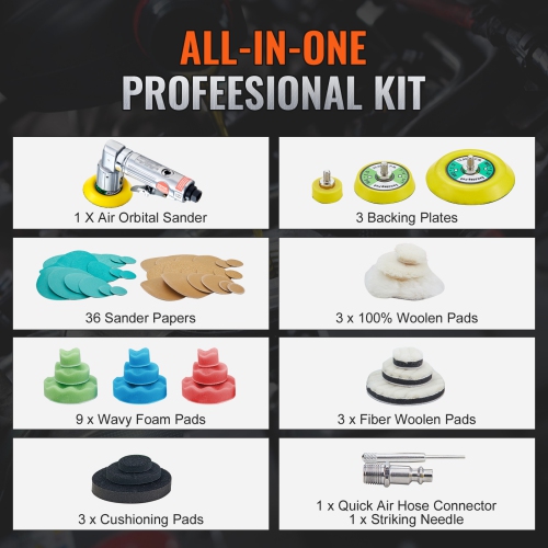 VEVOR 1/2/3 Inch Random Orbital Air Sander, High-Speed 15000RPM Mini Pneumatic Sander for Auto Body Work, 58PCS Air Powered Sander Kit with