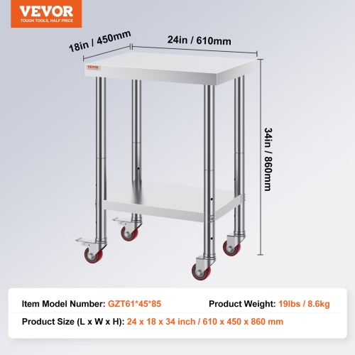 VEVOR 24 x 18 x 34 Inch Stainless Steel Work Table, 700 LBS Load Capacity with 4 Wheels, 3 Adjustable Height Levels, Heavy Duty Food Prep Worktable