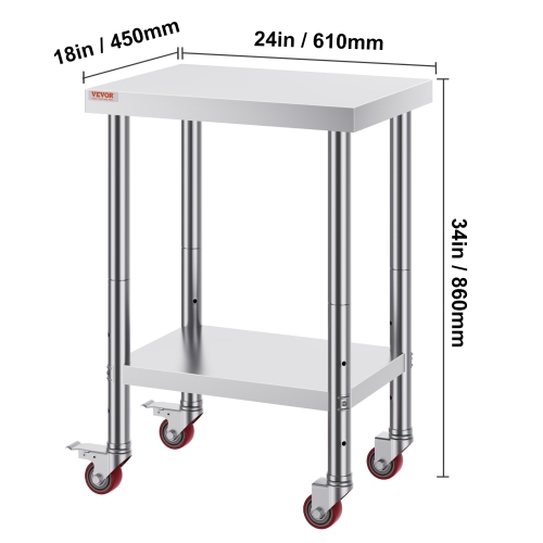 VEVOR 24 x 18 x 34 Inch Stainless Steel Work Table, 700 LBS Load Capacity with 4 Wheels, 3 Adjustable Height Levels, Heavy Duty Food Prep Worktable