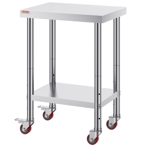 VEVOR 24 x 18 x 34 Inch Stainless Steel Work Table, 700 LBS Load Capacity with 4 Wheels, 3 Adjustable Height Levels, Heavy Duty Food Prep Worktable