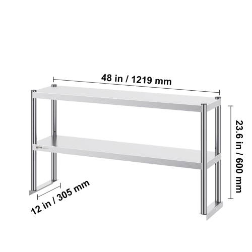VEVOR 12 x 48 Inch Double Overshelf, Double Tier Stainless Steel Overshelf, Double Deck Overshelf, Height Adjustable Overshelf Prep Work Table for