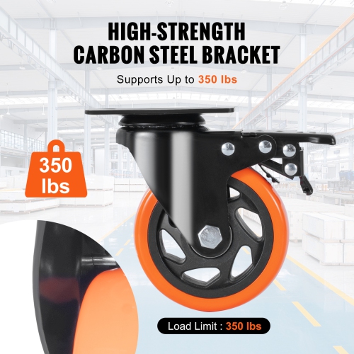 VEVOR 4-inch Swivel Plate Casters, Set of 4, with Security A/B Locking No Noise PVC Wheels, 350 lbs Load Capacity Per Caster, Non-Marking Wheels for