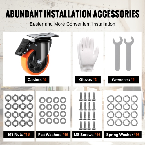 VEVOR 4-inch Swivel Plate Casters, Set of 4, with Security A/B Locking No Noise PVC Wheels, 350 lbs Load Capacity Per Caster, Non-Marking Wheels for