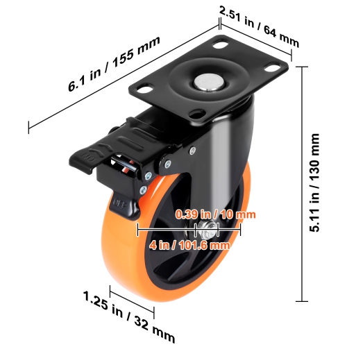 VEVOR 4-inch Swivel Plate Casters, Set of 4, with Security A/B Locking No Noise PVC Wheels, 350 lbs Load Capacity Per Caster, Non-Marking Wheels for