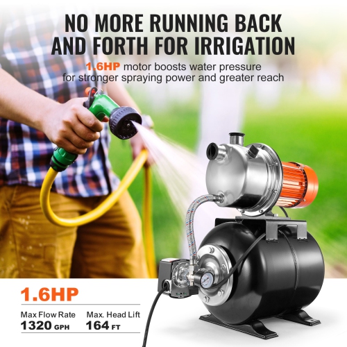 VEVOR 1.6 HP Shallow Well Pump with Pressure Tank, 1320 GPH, Automatic Irrigation Water Booster Pump with 5-Gal Pressure Tank 30/50 PSI Pressure