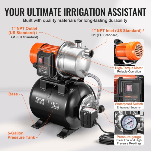 VEVOR 1.6 HP Shallow Well Pump with Pressure Tank, 1320 GPH, Automatic Irrigation Water Booster Pump with 5-Gal Pressure Tank 30/50 PSI Pressure