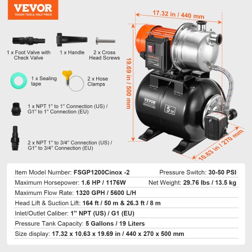 VEVOR 1.6 HP Shallow Well Pump with Pressure Tank, 1320 GPH, Automatic Irrigation Water Booster Pump with 5-Gal Pressure Tank 30/50 PSI Pressure