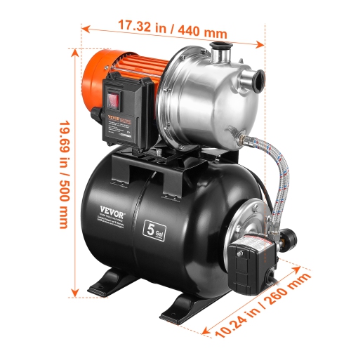 VEVOR 1.6 HP Shallow Well Pump with Pressure Tank, 1320 GPH, Automatic Irrigation Water Booster Pump with 5-Gal Pressure Tank 30/50 PSI Pressure