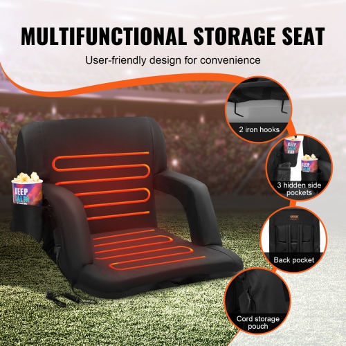 VEVOR 3 Level Double Heated Stadium Wide Bleacher Seat with Back Support, Folding Padded Reclining Chair with Hook Pocket Cupholder, Ideal for Sport