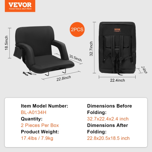 VEVOR 3 Level Double Heated Stadium Wide Bleacher Seat with Back Support, Folding Padded Reclining Chair with Hook Pocket Cupholder, Ideal for Sport