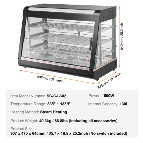 VEVOR 3-Tier Commercial Food Warmer Display,1500W Display Warmer with Light, Shelf and Temperature Display, 86℉~185℉ Steam Heating, 130L for