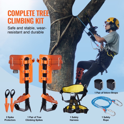 VEVOR 350lbs Load Capacity Tree Climbing Spikes Set, 1 Pair Alloy Steel Climbing Spurs with Safety Rope and Safety Harness, Tree Climbing Gear,