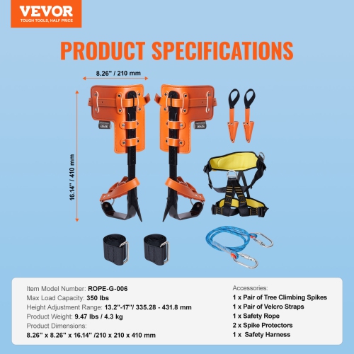 VEVOR 350lbs Load Capacity Tree Climbing Spikes Set, 1 Pair Alloy Steel Climbing Spurs with Safety Rope and Safety Harness, Tree Climbing Gear,