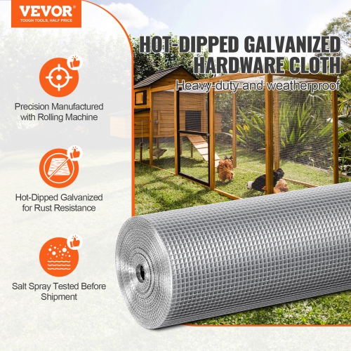 VEVOR 1/4 inch 48in x 50 ft Hardware Cloth, 23 Gauge, Hot Dipped Galvanized Wire Mesh Roll, Chicken Wire Fencing, Wire Mesh for Rabbit Cages, Garden,